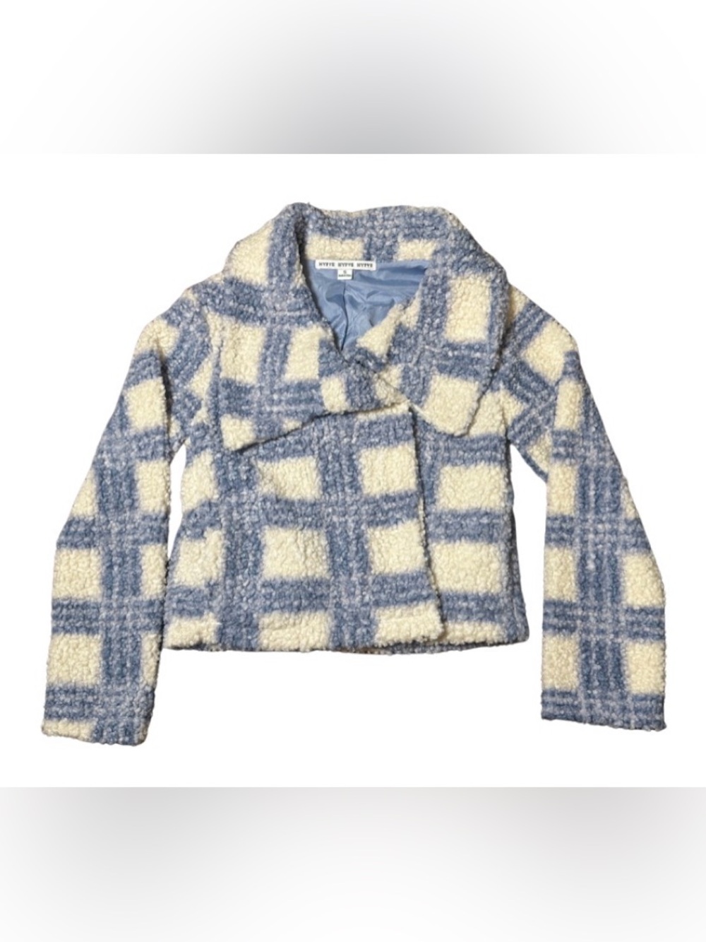 HYFVE Checkered Teddy Coat Jacket Blue Cream Sherpa Plaid Crop Wide Collar S